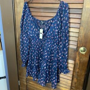 NWT Trixxi Womens Navy Floral Tiered Ruffle Square Neck Mini Dress Size L